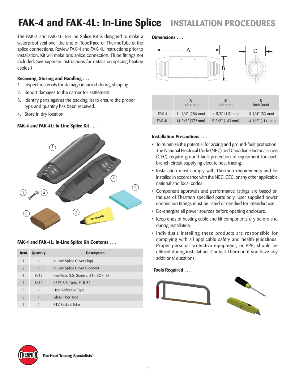 Fak-4 and fak-4l: in-line splice, Installation procedures | Thermon FAK-4 User Manual | Page 2 / 4