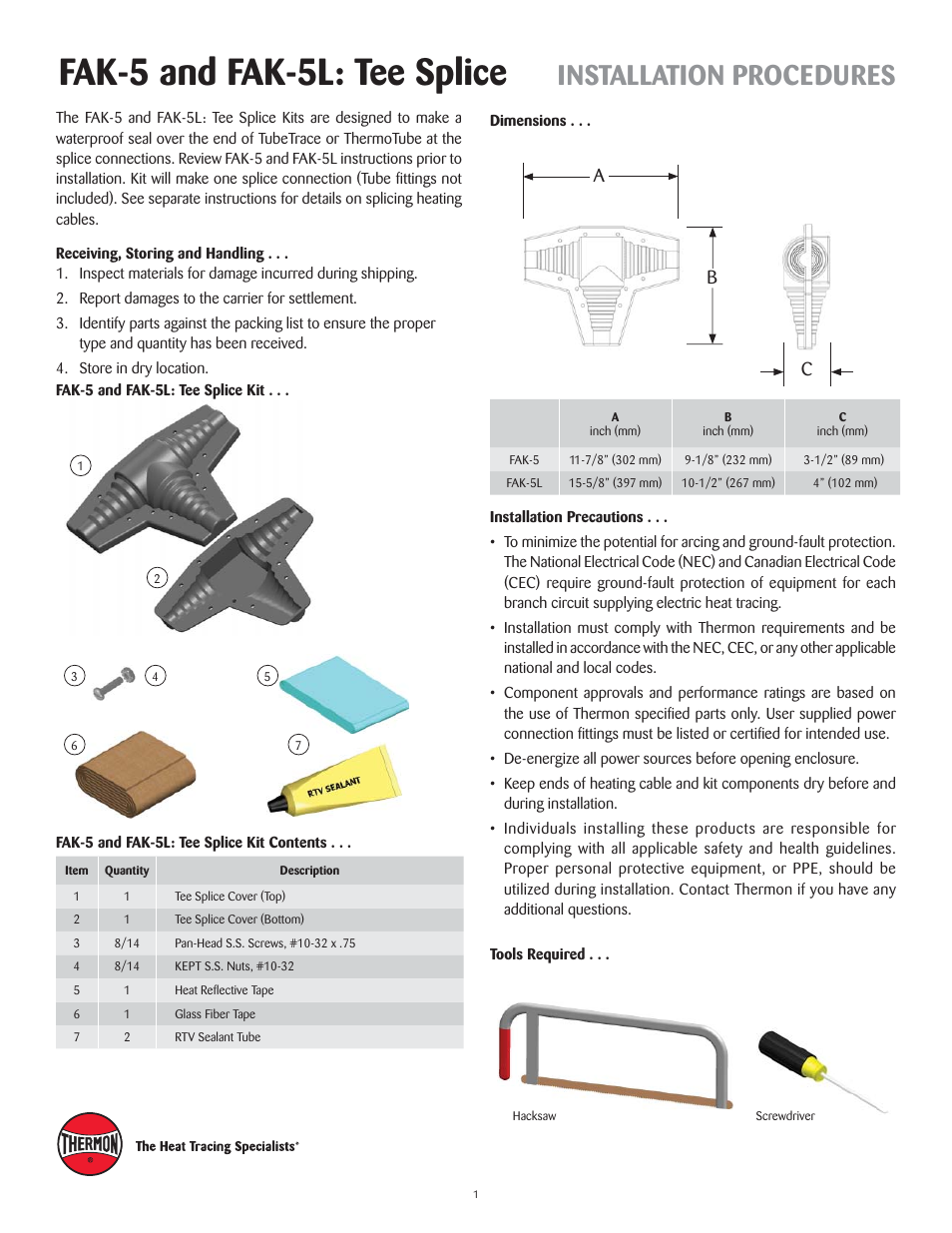 Fak-5 and fak-5l: tee splice, Installation procedures | Thermon FAK-5 User Manual | Page 2 / 4