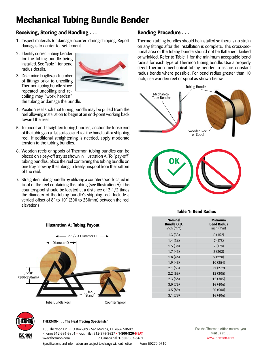 Mechanical tubing bundle bender, Receiving, storing and handling, Bending procedure | Thermon Mechanical Tubing Bundle Bender User Manual | Page 2 / 2