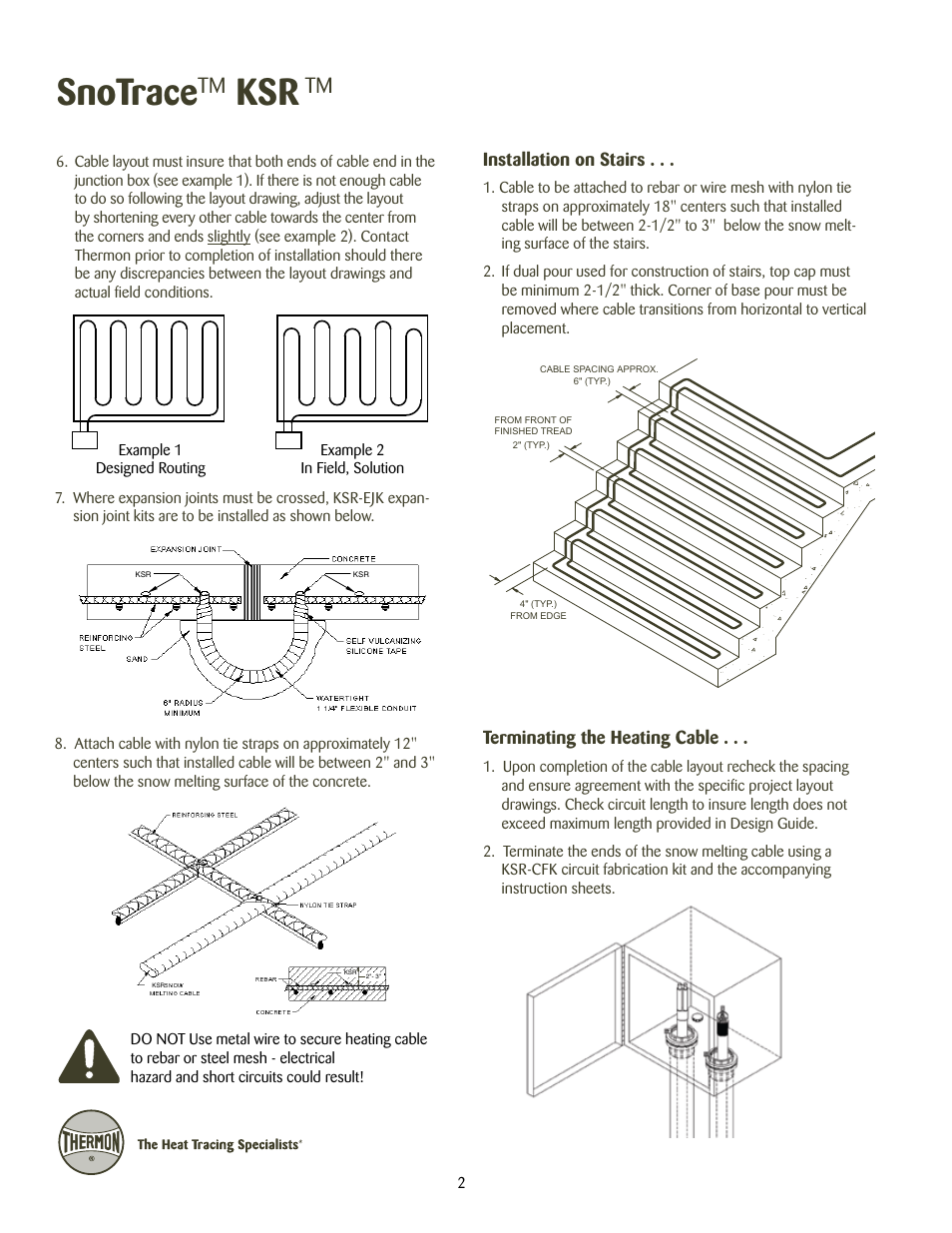 Snotrace, Terminating the heating cable, Installation on stairs | Thermon KSR User Manual | Page 3 / 7