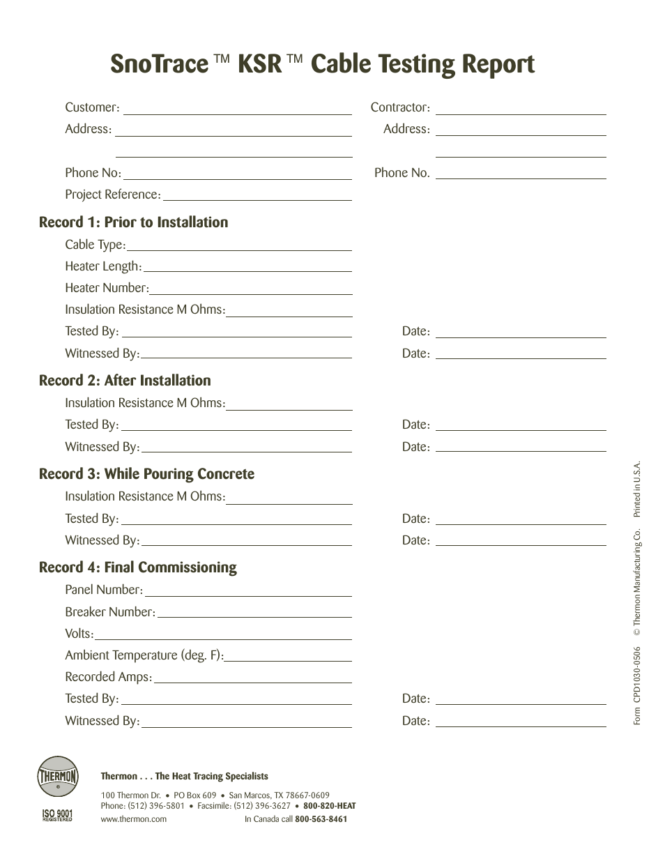 Snotrace, Cable testing report | Thermon KSR User Manual | Page 7 / 7