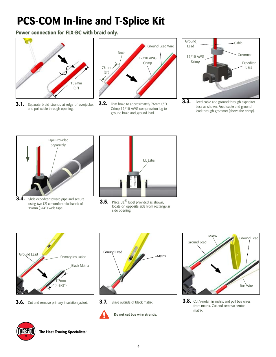 Pcs-com in-line and t-splice kit, Power connection for flx-bc with braid only | Thermon PCS-COM User Manual | Page 5 / 8