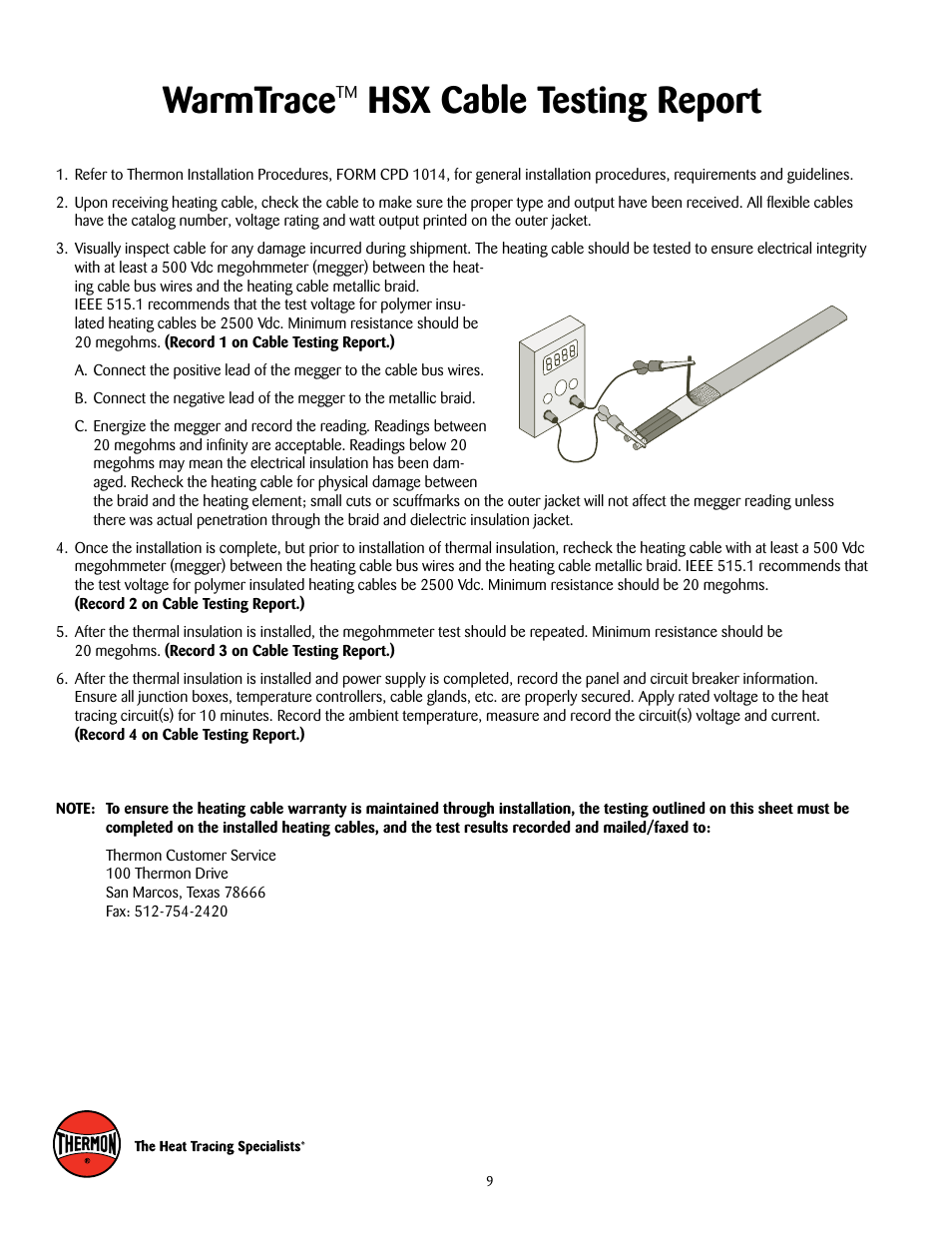 Warmtrace, Hsx cable testing report | Thermon HSX User Manual | Page 10 / 12