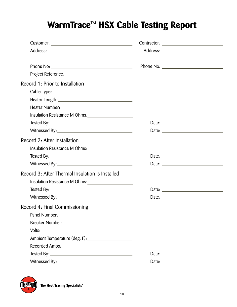 Warmtrace, Hsx cable testing report | Thermon HSX User Manual | Page 11 / 12