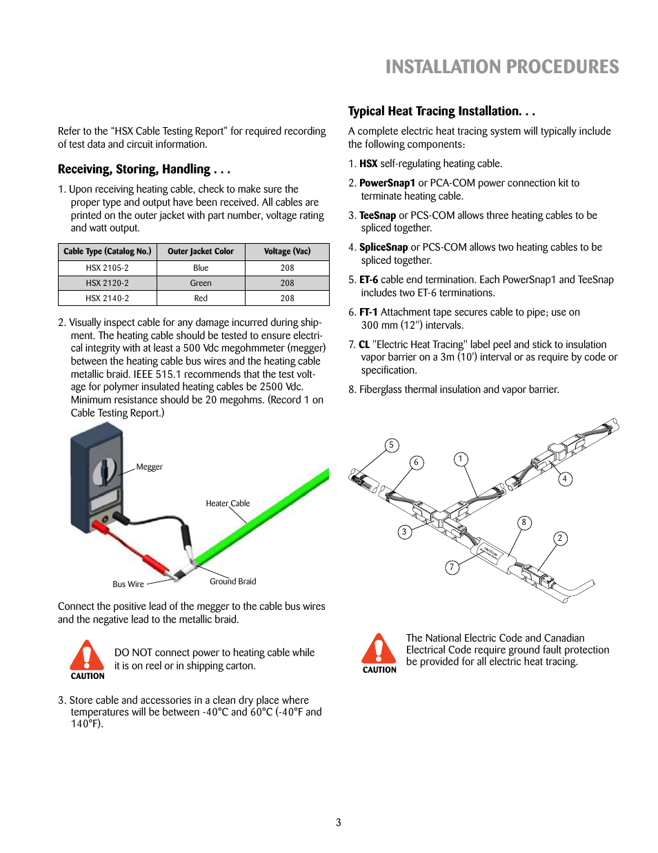 Installation procedures, Typical heat tracing installation, Receiving, storing, handling | Thermon HSX User Manual | Page 3 / 12