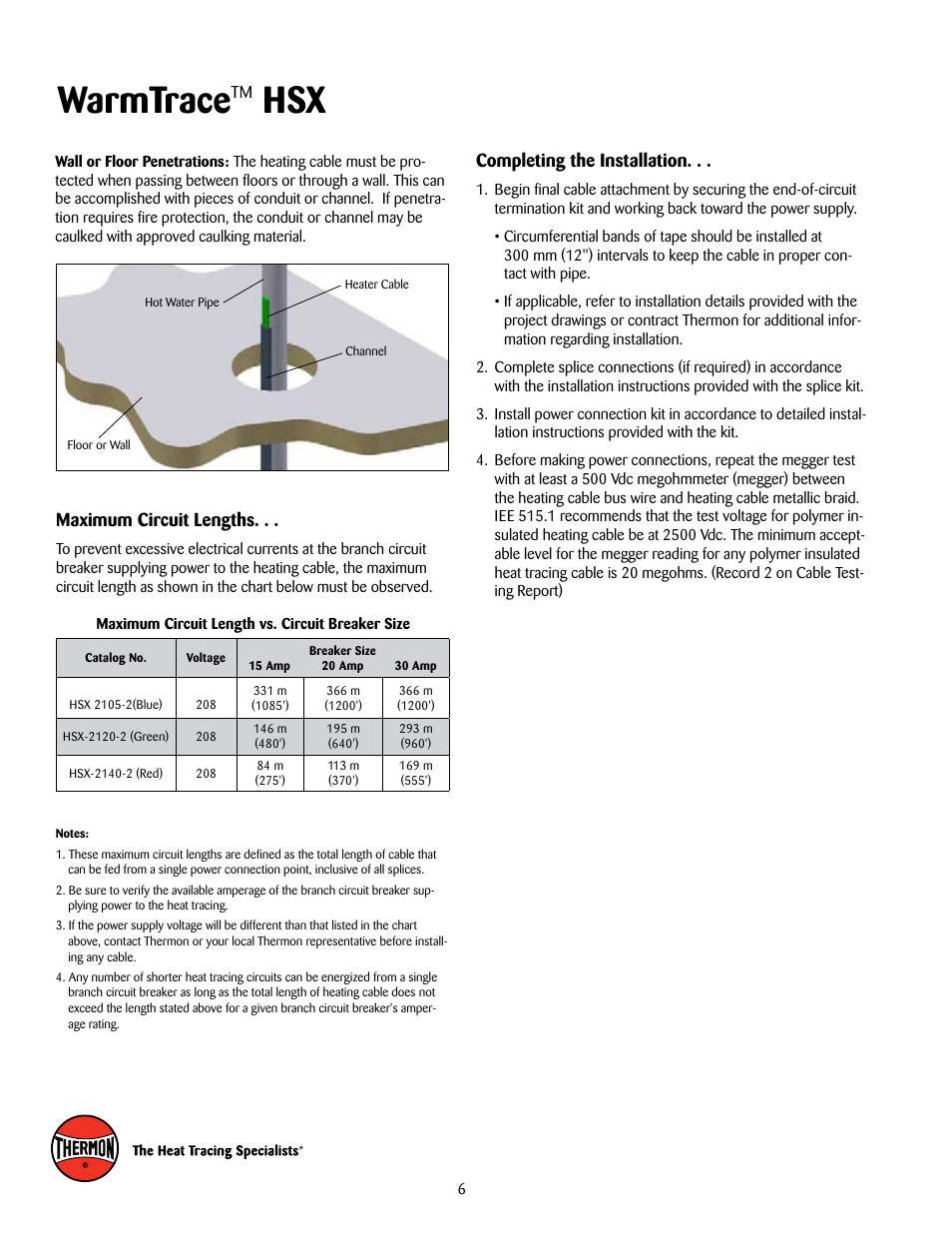 Warmtrace, Maximum circuit lengths, Completing the installation | Thermon HSX User Manual | Page 6 / 12