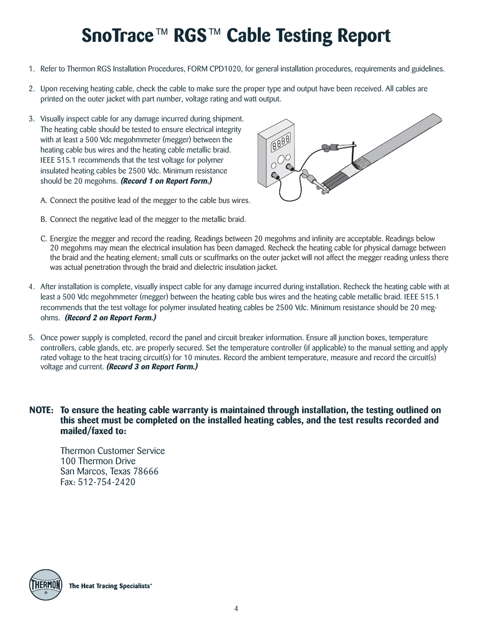 Snotrace, Cable testing report | Thermon RGS User Manual | Page 5 / 7