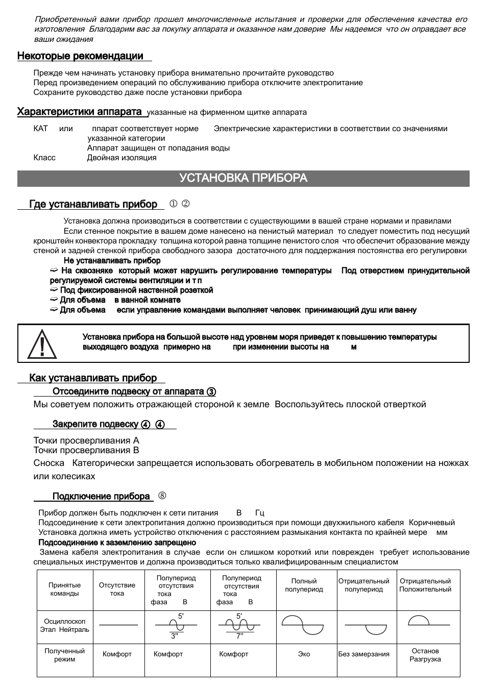 Установка прибора, Некоторые рекомендации, Характеристики аппарата | Thermor Variations de Silhouette User Manual | Page 21 / 32