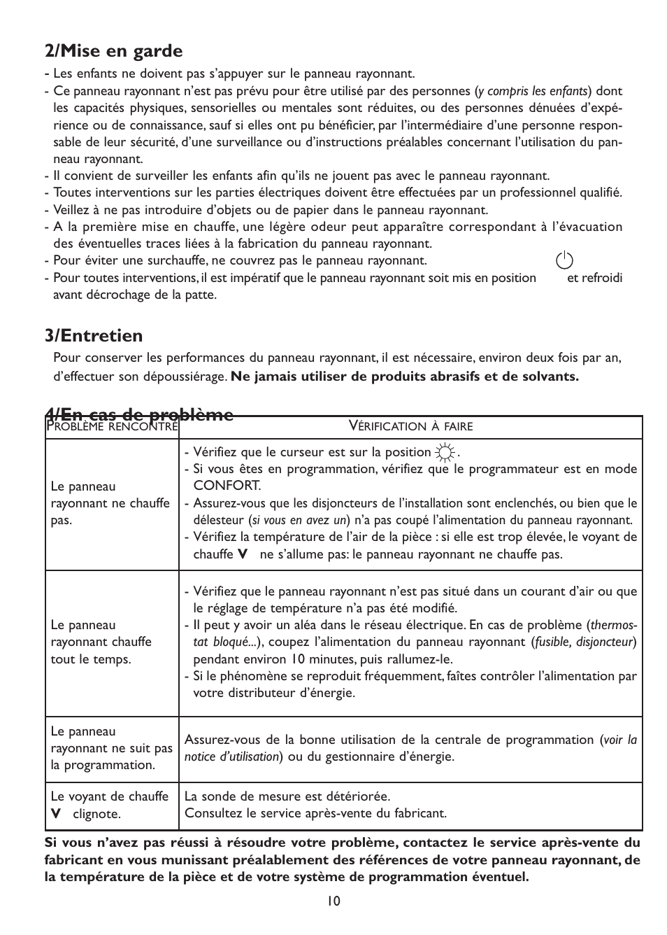 2/mise en garde, 3/entretien, 4/en cas de problème | Thermor Emotion User Manual | Page 12 / 36