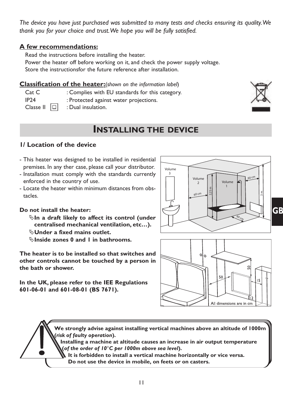 Nstalling the device, 1/ location of the device, Classification of the heater | Thermor Emotion User Manual | Page 13 / 36