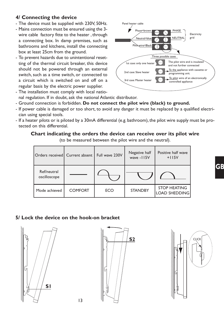 4/ connecting the device, 5/ lock the device on the hook-on bracket, S1 s2 | Thermor Emotion User Manual | Page 15 / 36
