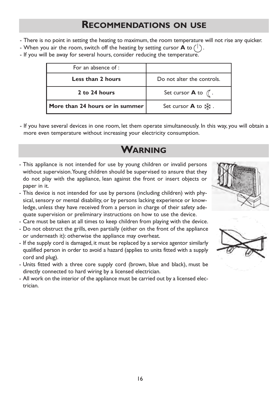 Arning, Ecommendations on use | Thermor Emotion User Manual | Page 18 / 36