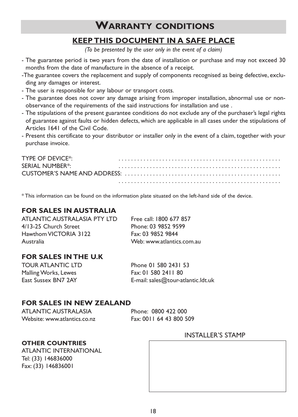 Arranty conditions | Thermor Emotion User Manual | Page 20 / 36