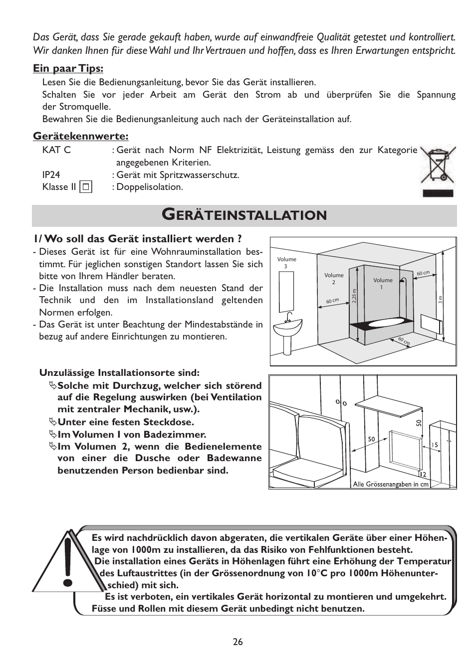 Eräteinstallation, Gerätekennwerte, 1/ wo soll das gerät installiert werden | Thermor Emotion User Manual | Page 28 / 36