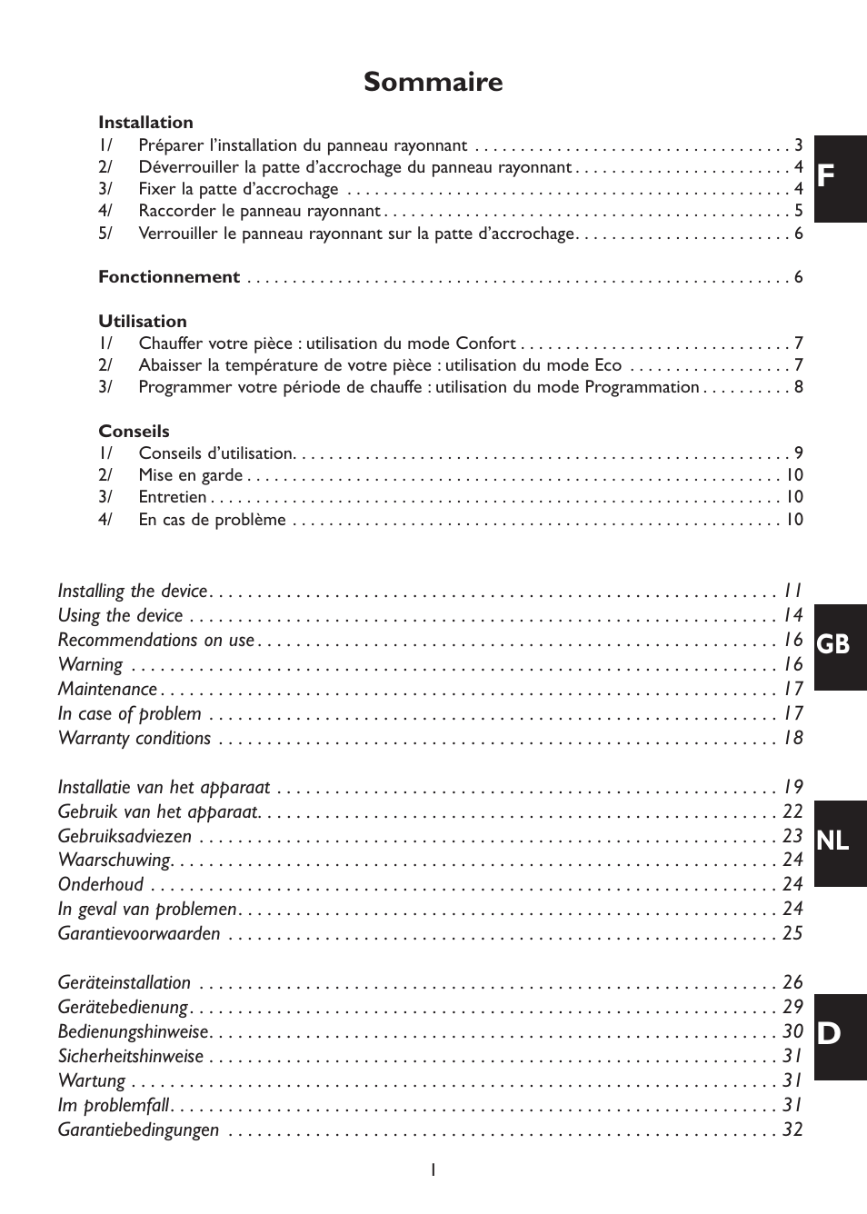 Sommaire, Gb nl | Thermor Emotion User Manual | Page 3 / 36