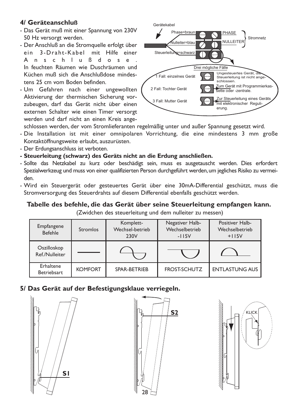 4/ geräteanschlu, 5/ das gerät auf der befestigungsklaue verriegeln, S1 s2 | Thermor Emotion User Manual | Page 30 / 36