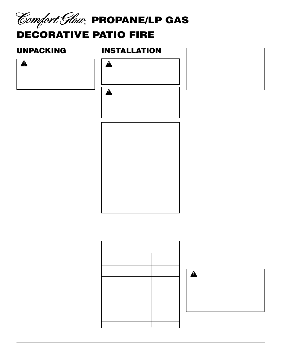 Decorative patio fire propane/lp gas, Installation, Unpacking | Desa Tech PC3460LP User Manual | Page 4 / 14