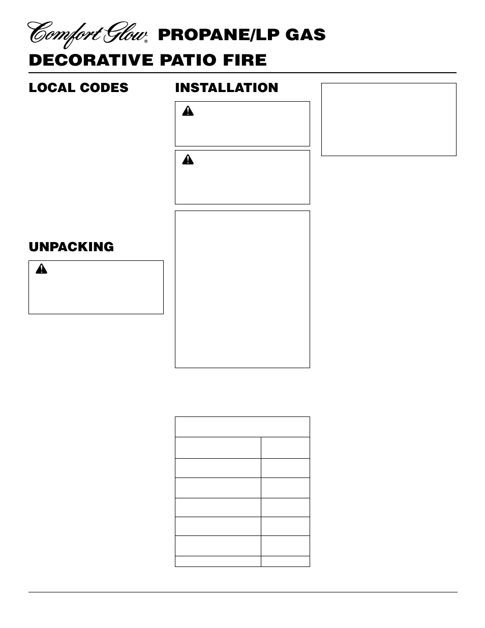 Decorative patio fire propane/lp gas, Installation, Unpacking | Local codes | Desa Tech PC4670LP User Manual | Page 4 / 14