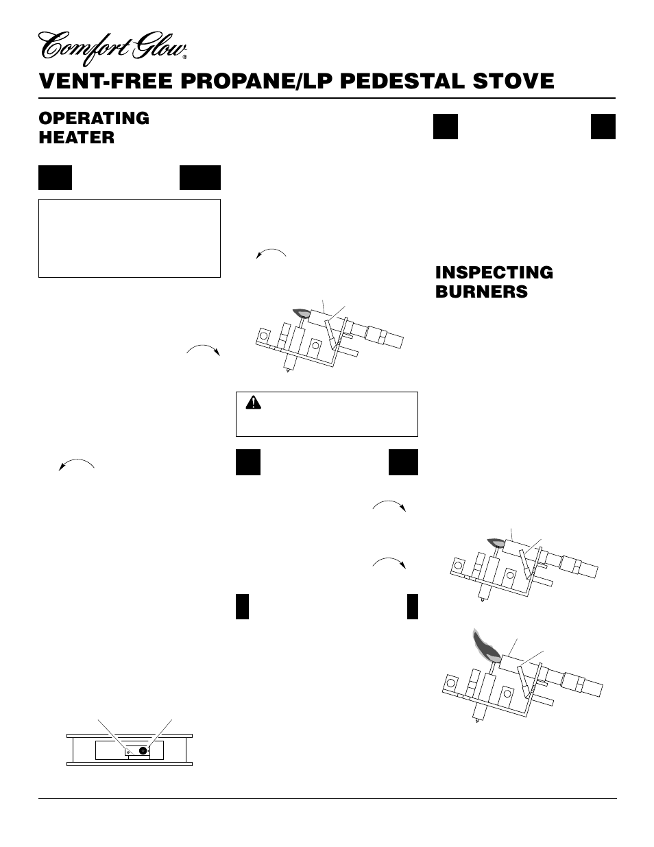 Vent-free propane/lp pedestal stove, Operating heater, Inspecting burners | Continued | Desa Tech S26PT User Manual | Page 12 / 24