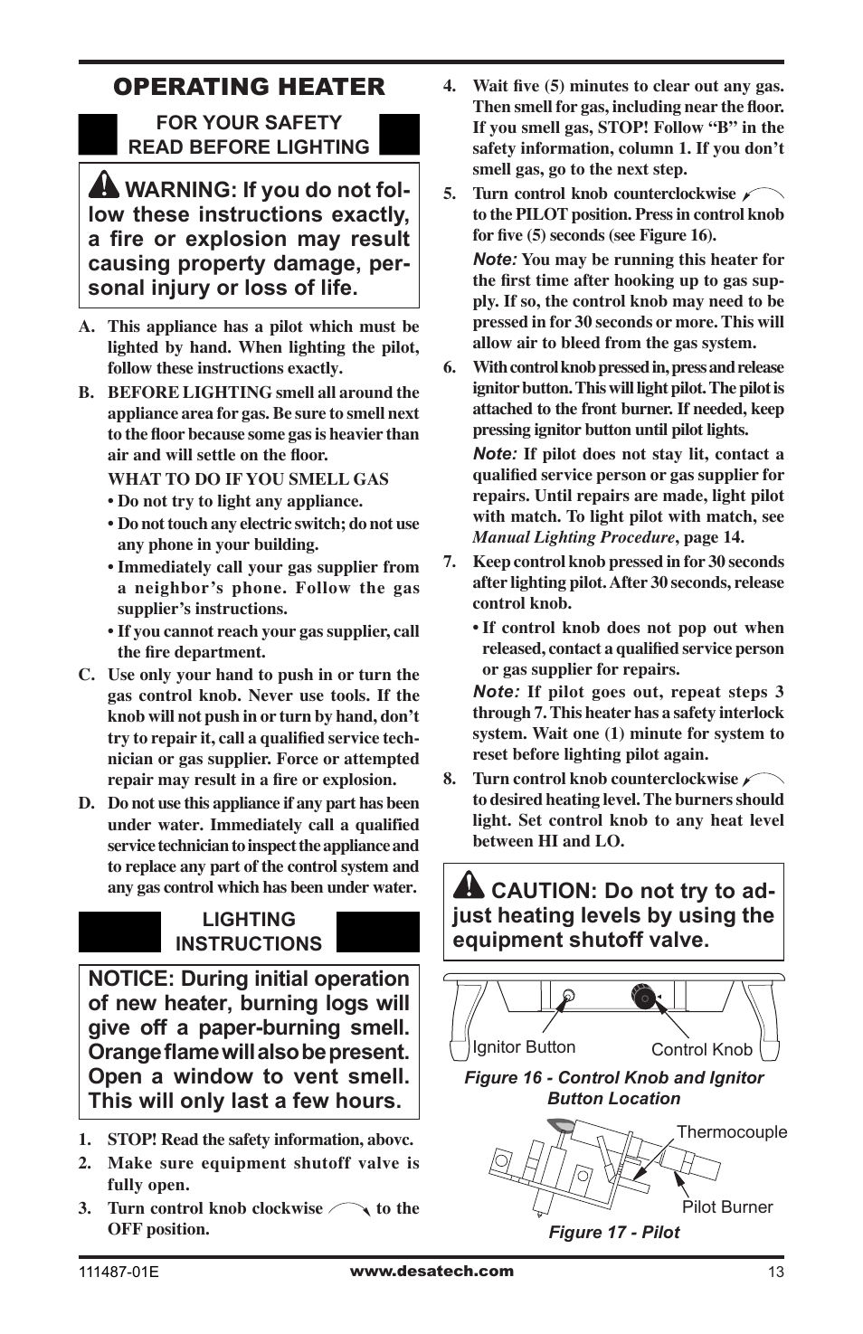Operating heater | Desa Tech CSPINT User Manual | Page 13 / 24
