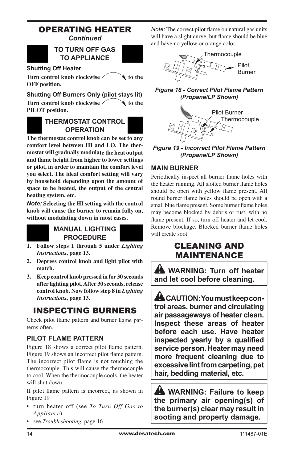 Inspecting burners, Cleaning and maintenance, Operating heater | Desa Tech CSPINT User Manual | Page 14 / 24