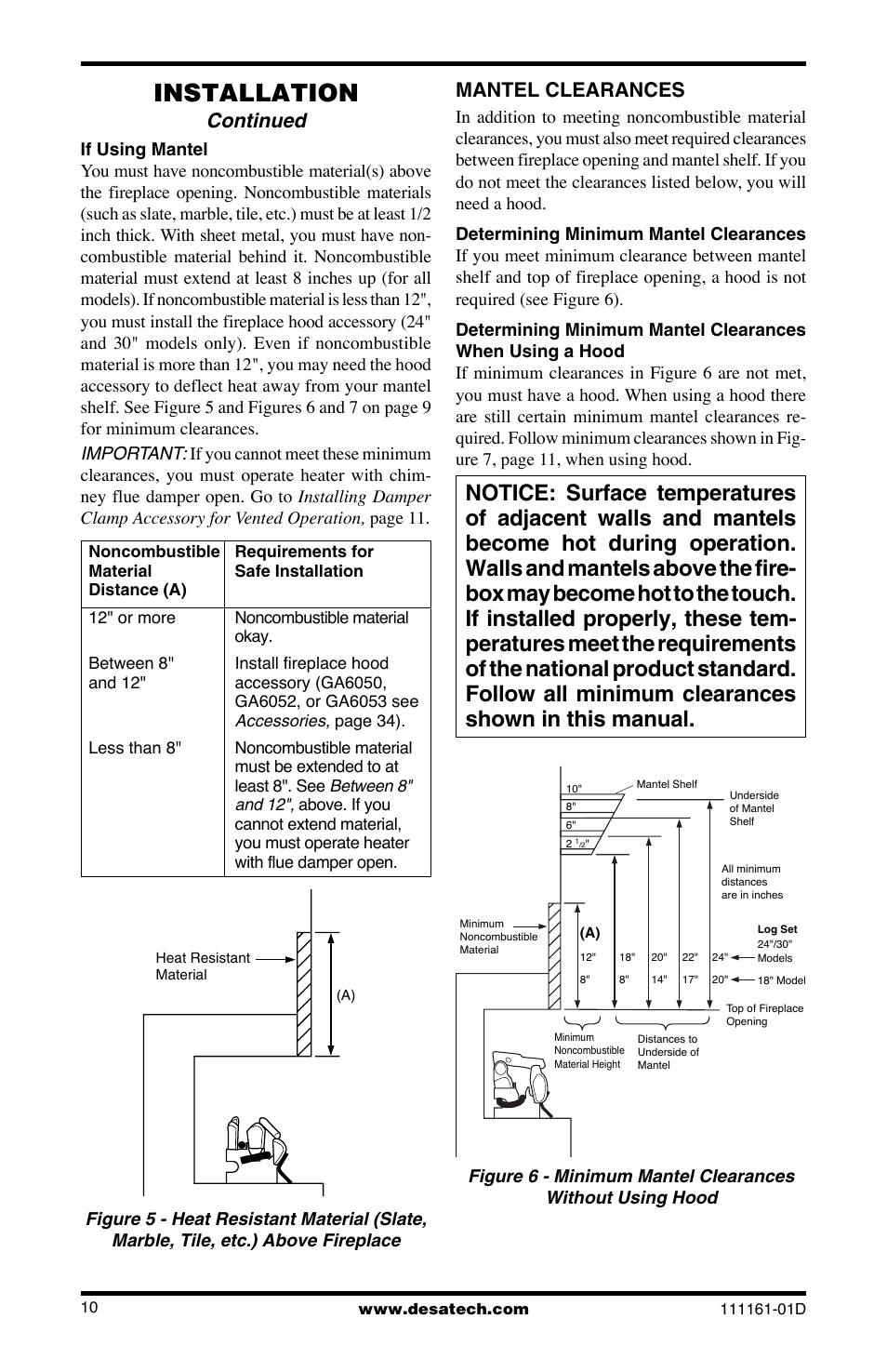 Installation, Continued, Mantel clearances | Desa Tech CCL3018NR User Manual | Page 10 / 36