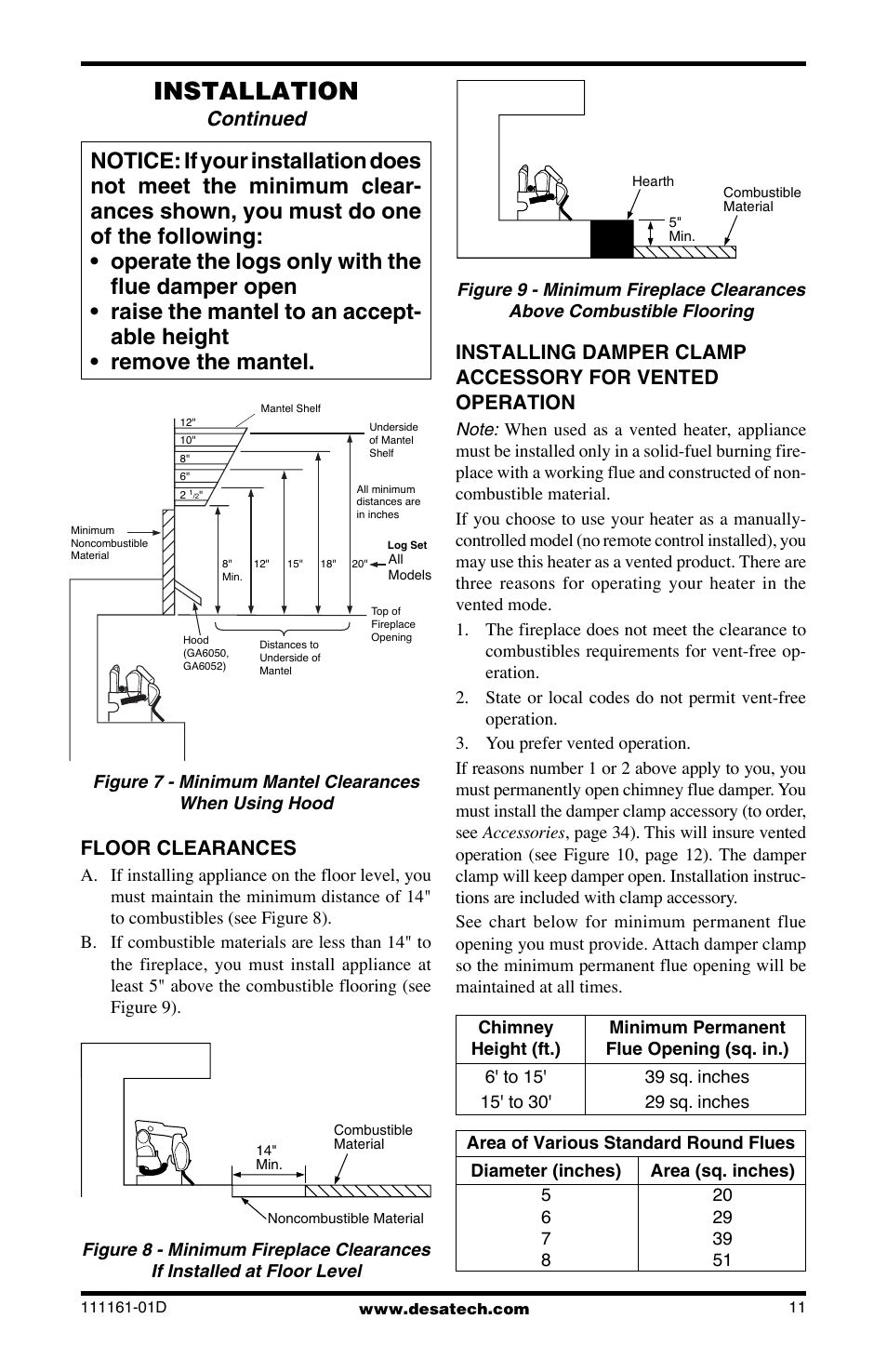Installation, Continued, Floor clearances | Desa Tech CCL3018NR User Manual | Page 11 / 36