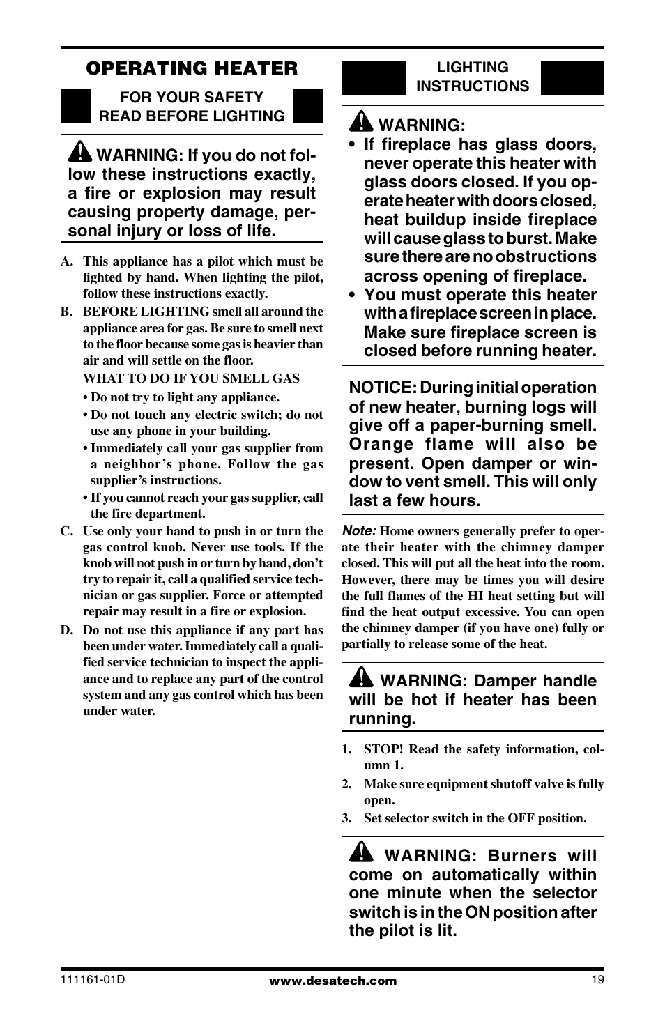 Operating heater | Desa Tech CCL3018NR User Manual | Page 19 / 36