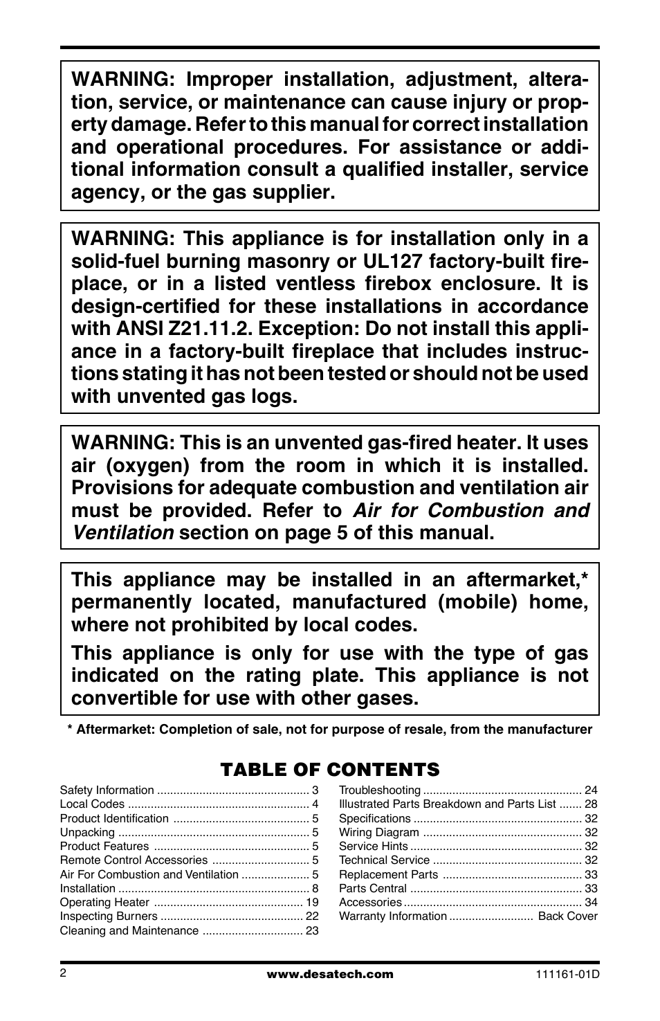 Air for combustion and ventilation | Desa Tech CCL3018NR User Manual | Page 2 / 36