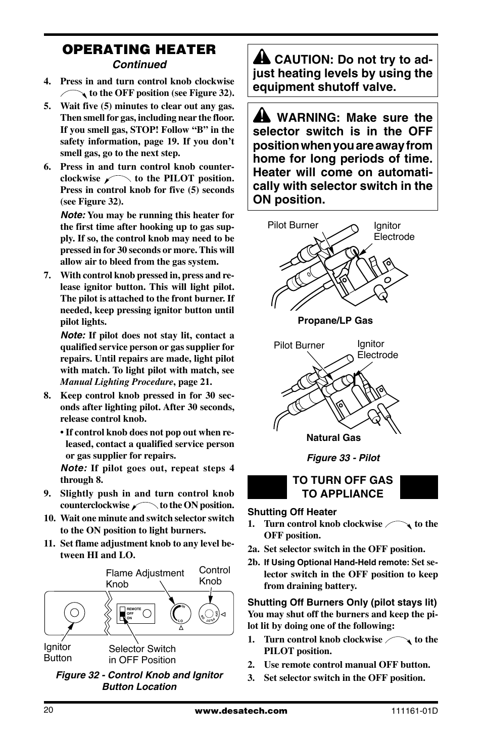 Operating heater, Continued | Desa Tech CCL3018NR User Manual | Page 20 / 36