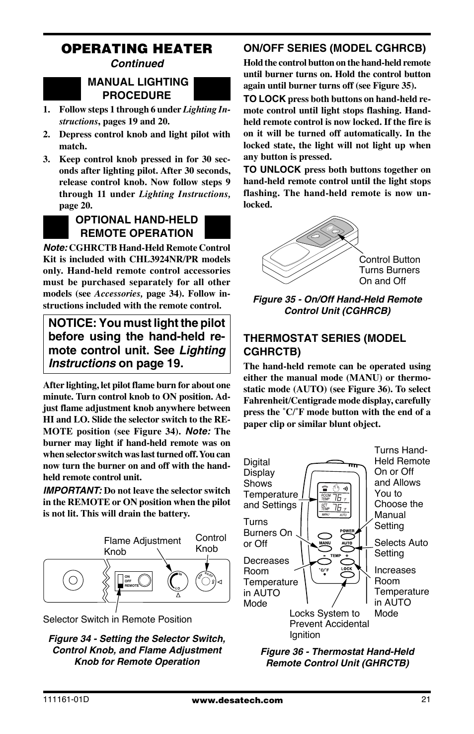 Operating heater, Continued, Manual lighting procedure | Optional hand-held remote operation, On/off series (model cghrcb), Thermostat series (model cghrctb) | Desa Tech CCL3018NR User Manual | Page 21 / 36