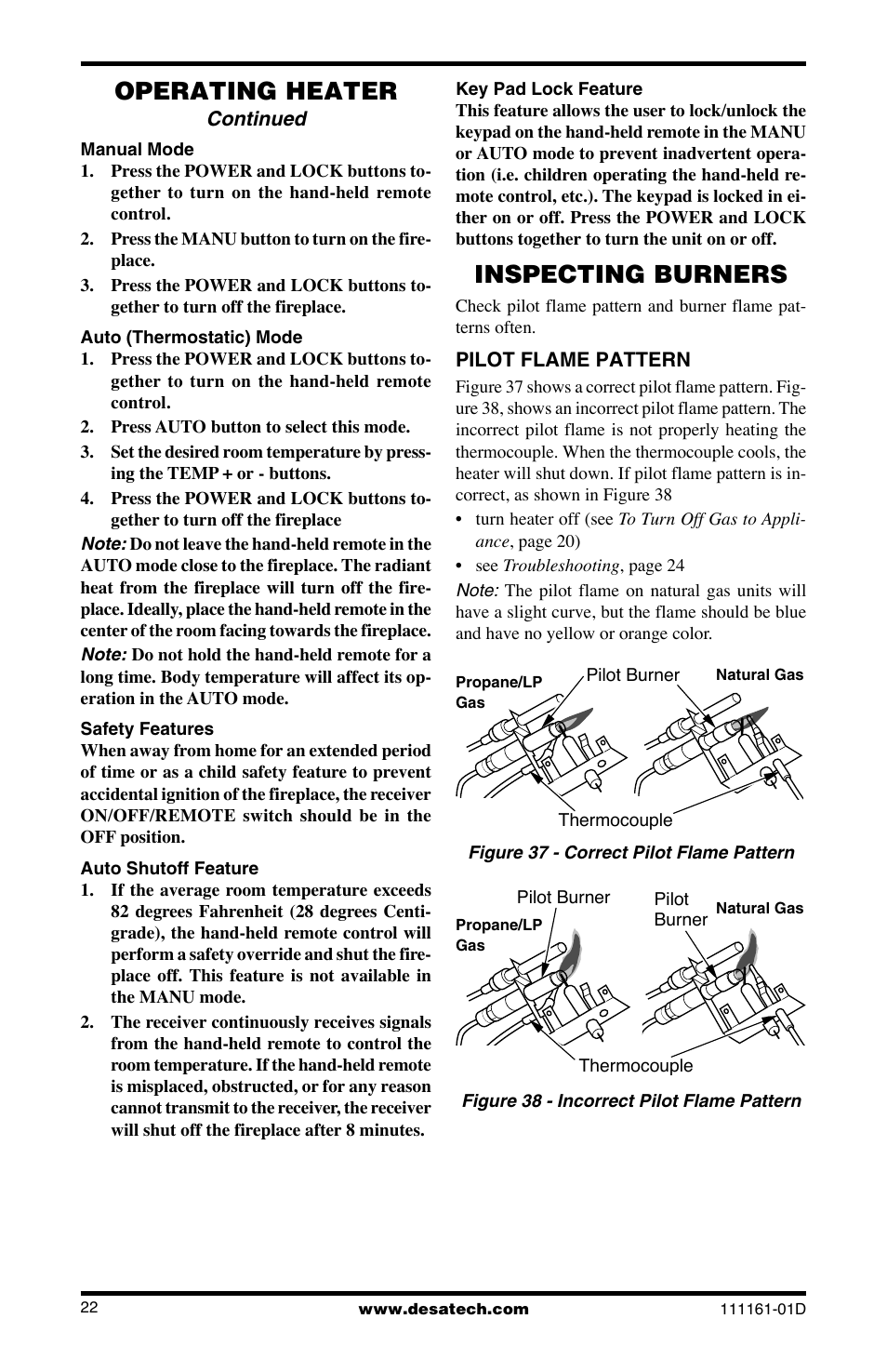 Operating heater, Inspecting burners | Desa Tech CCL3018NR User Manual | Page 22 / 36