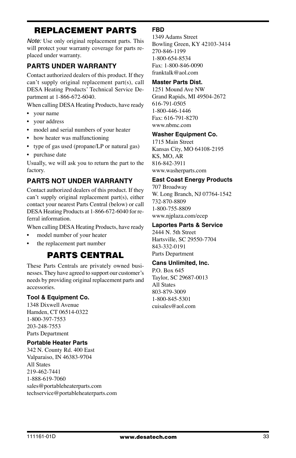 Replacement parts, Parts central | Desa Tech CCL3018NR User Manual | Page 33 / 36