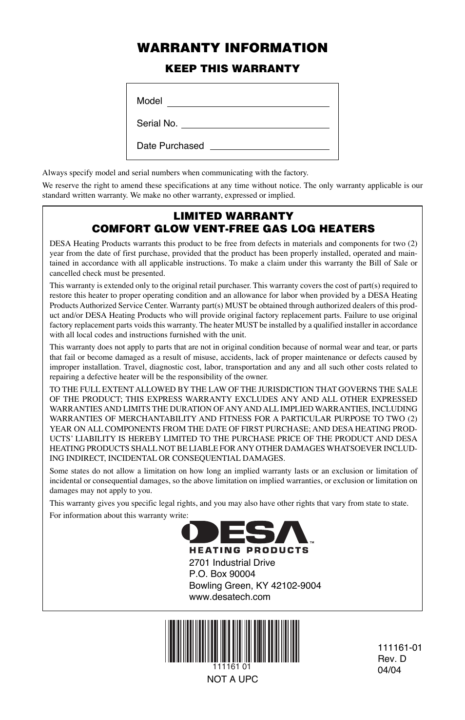 Warranty information | Desa Tech CCL3018NR User Manual | Page 36 / 36