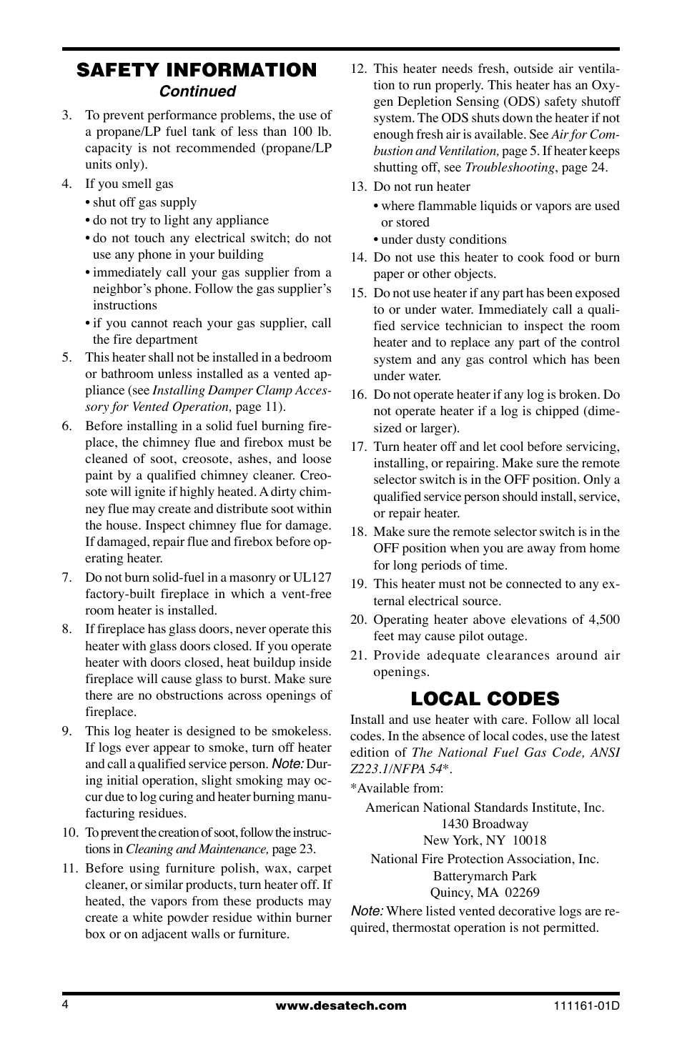 Safety information, Local codes | Desa Tech CCL3018NR User Manual | Page 4 / 36