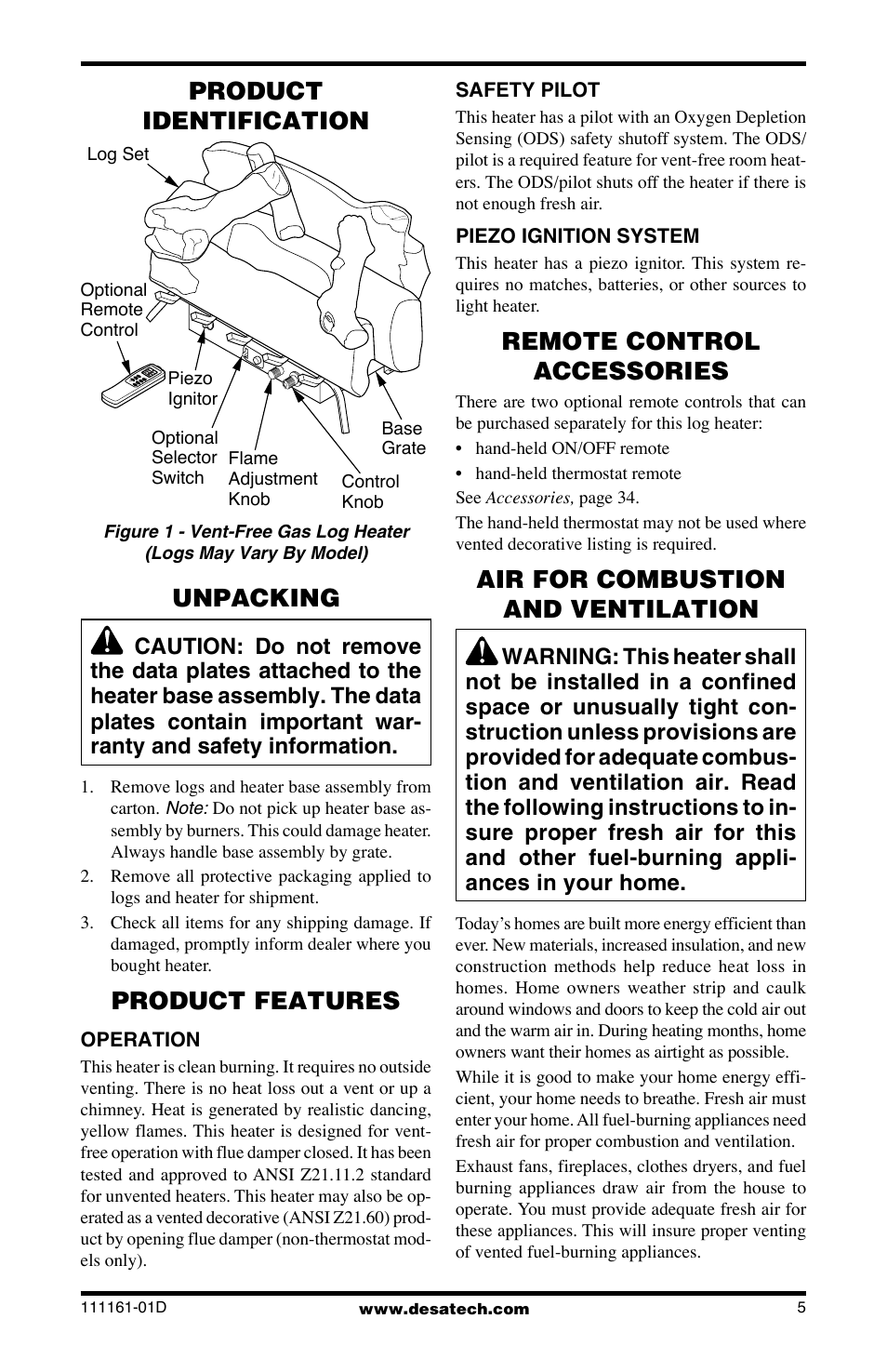 Product identification, Unpacking, Product features | Remote control accessories, Air for combustion and ventilation | Desa Tech CCL3018NR User Manual | Page 5 / 36