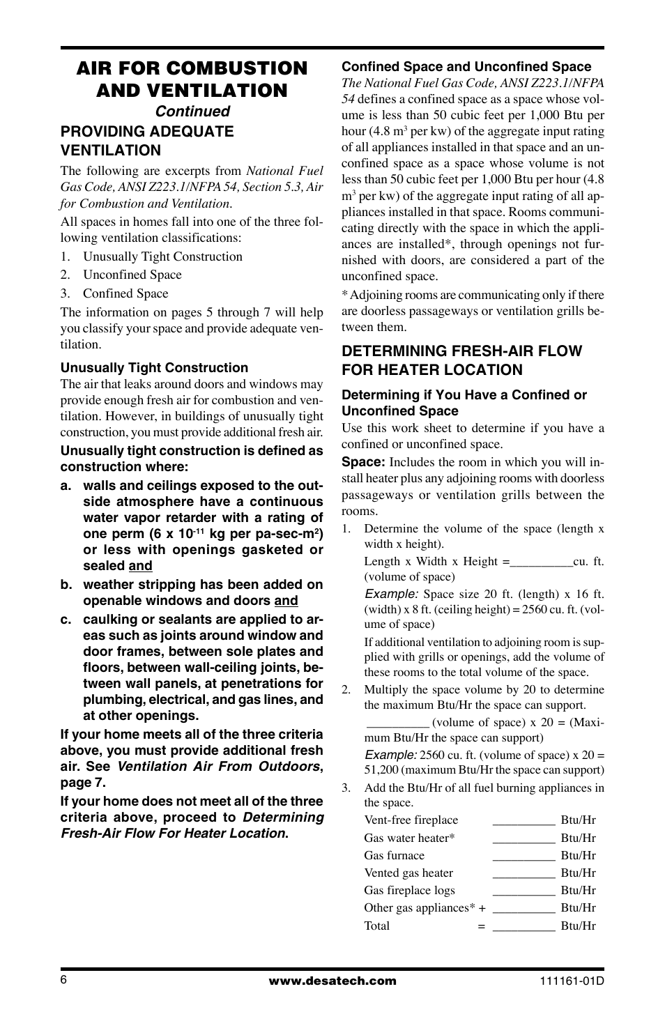 Air for combustion and ventilation, Continued | Desa Tech CCL3018NR User Manual | Page 6 / 36