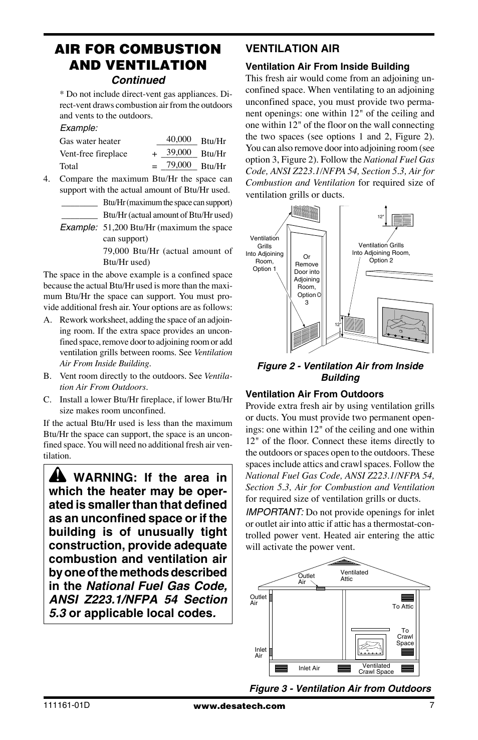Air for combustion and ventilation, Continued, Ventilation air | Desa Tech CCL3018NR User Manual | Page 7 / 36