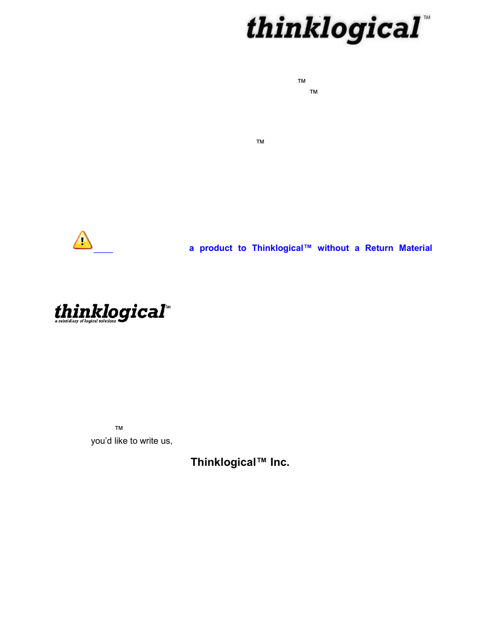 Return authorization, Our address | Thinklogical Touch Panel Manual User Manual | Page 23 / 24