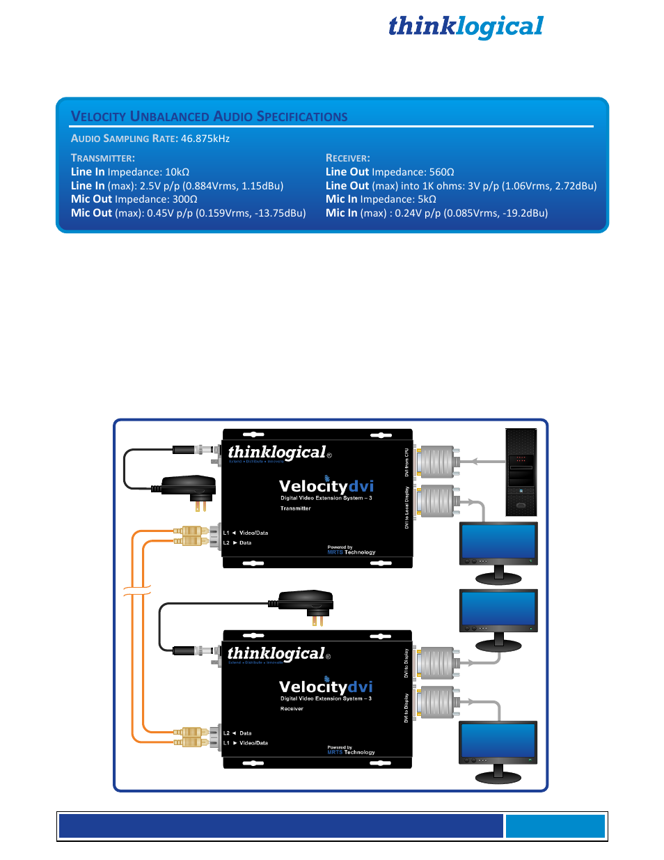 Installing dvi extenders, Velocity unbalanced audio specifications | Thinklogical X4 and Touchpanels User Manual | Page 15 / 52