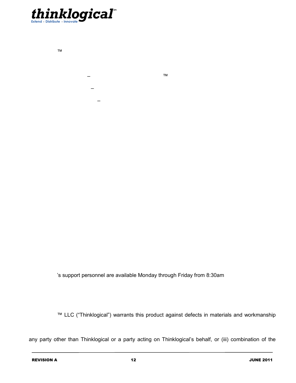 Email, Telephone, Product support | Warranty, 2 product support, 2 email, 3 telephone, 4 fax, 1 warranty | Thinklogical Peripheral Extender Manual User Manual | Page 14 / 18