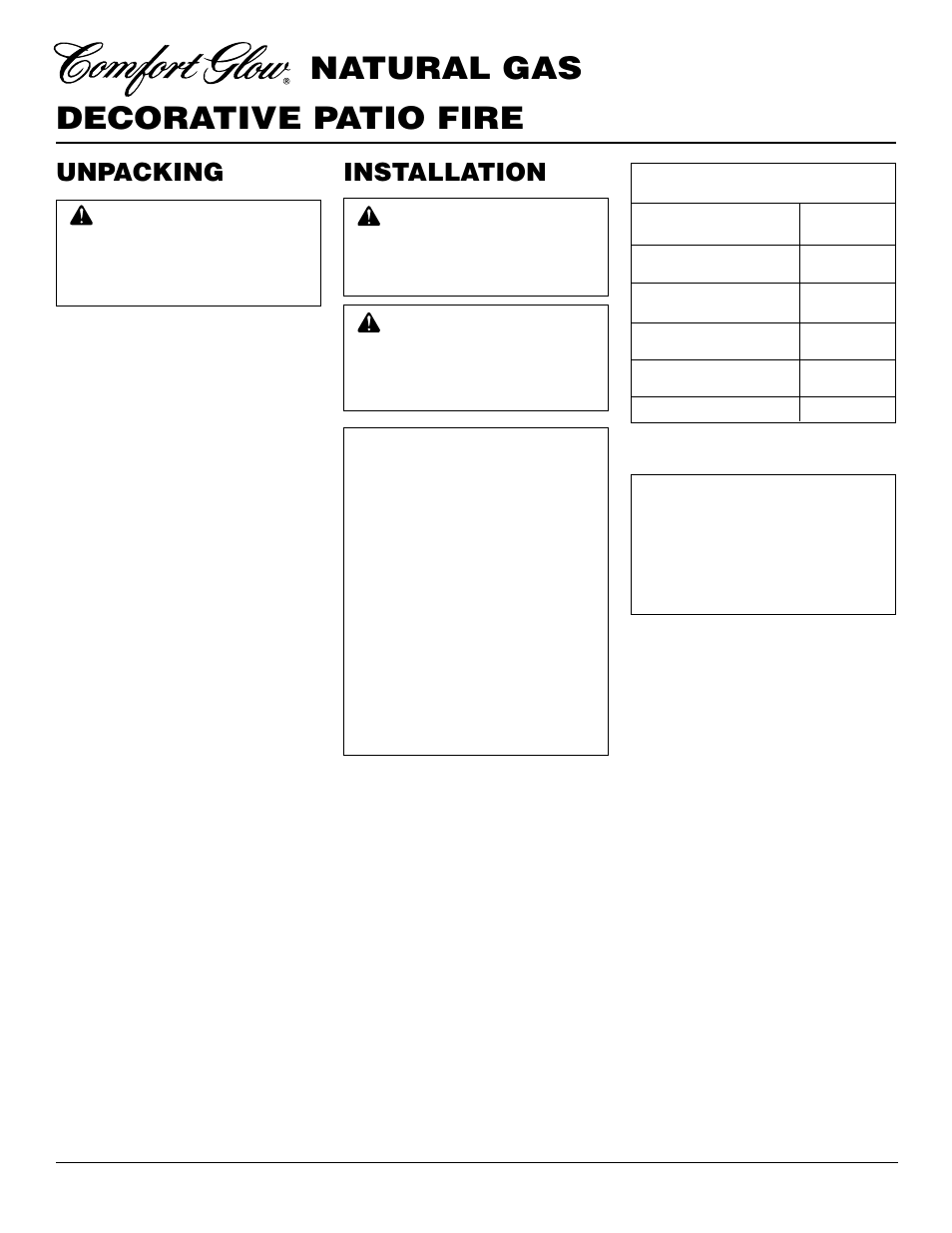 Decorative patio fire natural gas, Installation, Unpacking | Desa Tech PC3460NG User Manual | Page 4 / 14