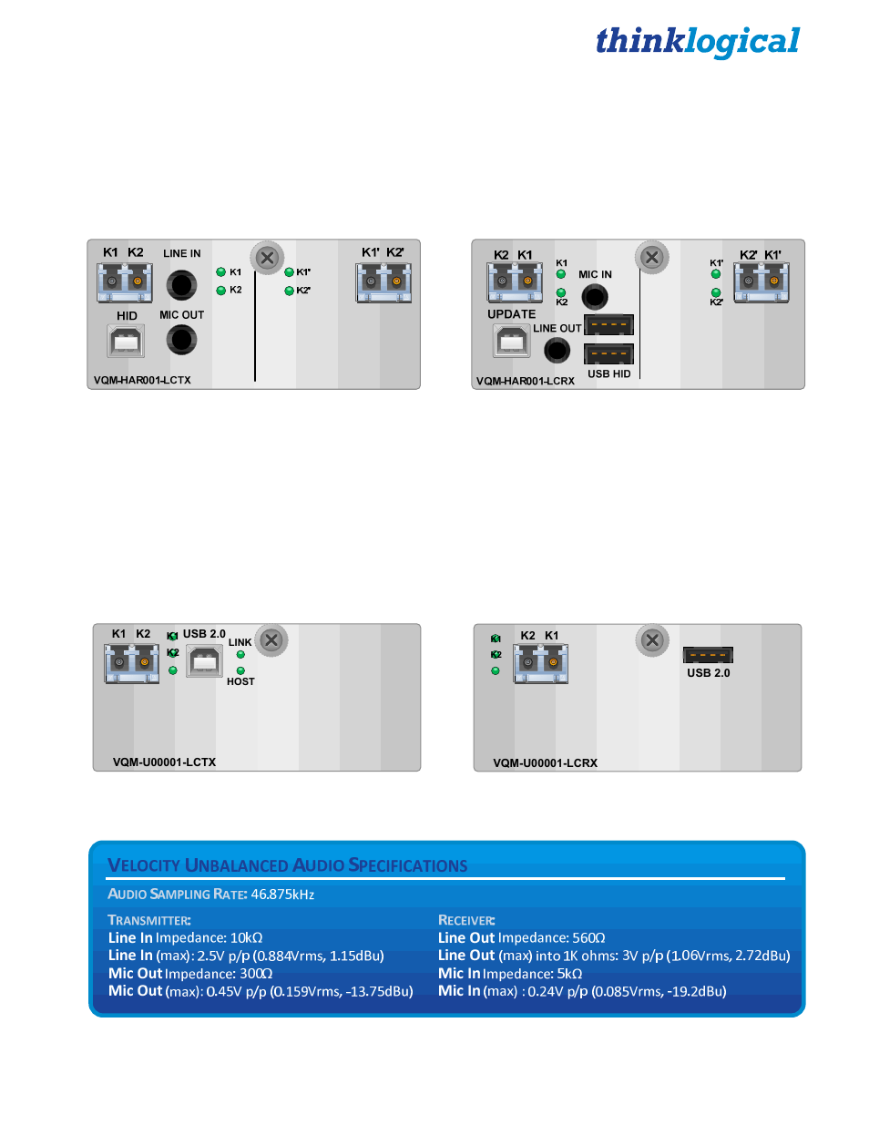 Redundant usb hid and audio modules, Usb 2.0 modules, Velocity unbalanced audio specifications | Thinklogical Q-4300 KMASS Modules Manual User Manual | Page 10 / 29