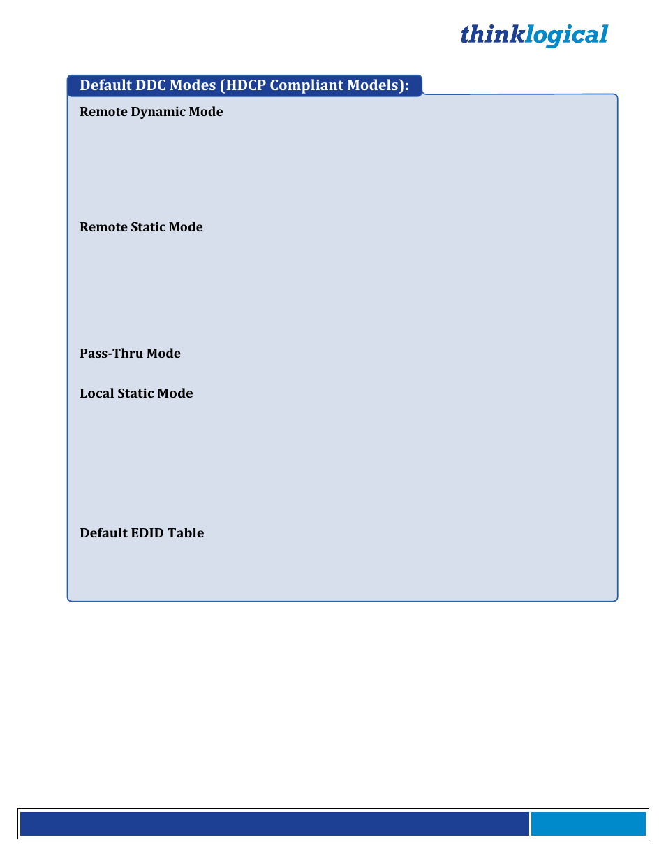 Default ddc modes (hdcp compliant models), Remote dynamic mode, Remote static mode | Pass-thru mode, Local static mode, Default edid table | Thinklogical Q-4300 Video Modules Manual User Manual | Page 53 / 54