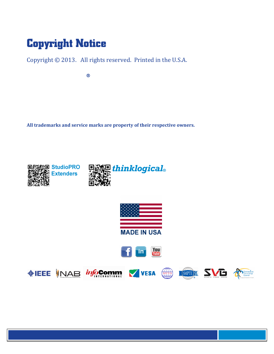 Copyright notice, Thinklogical, llc | Thinklogical StudioPRO Extender Manual User Manual | Page 2 / 27