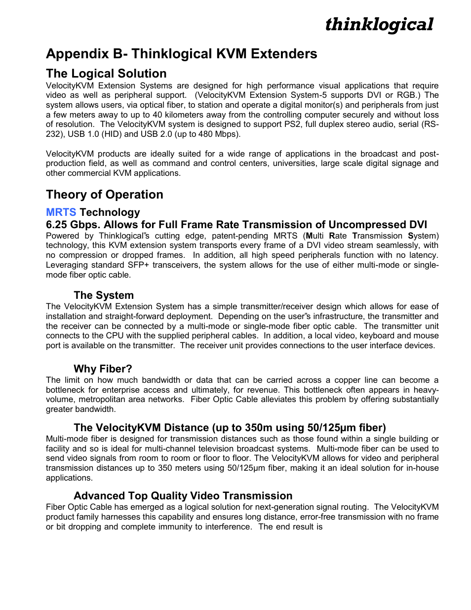 Appendix b- thinklogical kvm extenders, The logical solution, Theory of operation | Thinklogical Velocitykvm T-4200 Chassis Manual User Manual | Page 23 / 23