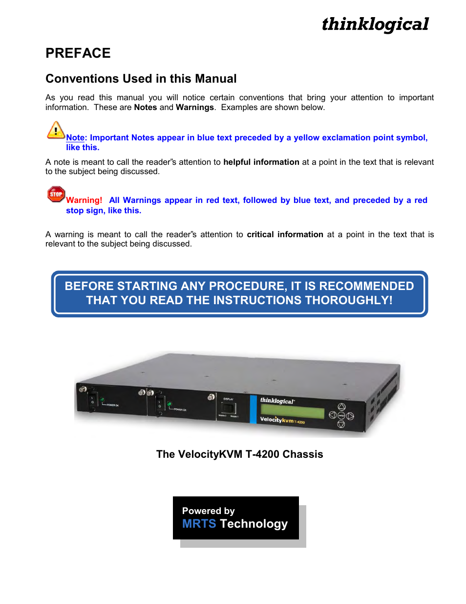 Preface, Conventions used in this manual, Mrts technology | Thinklogical Velocitykvm T-4200 Chassis Manual User Manual | Page 4 / 23