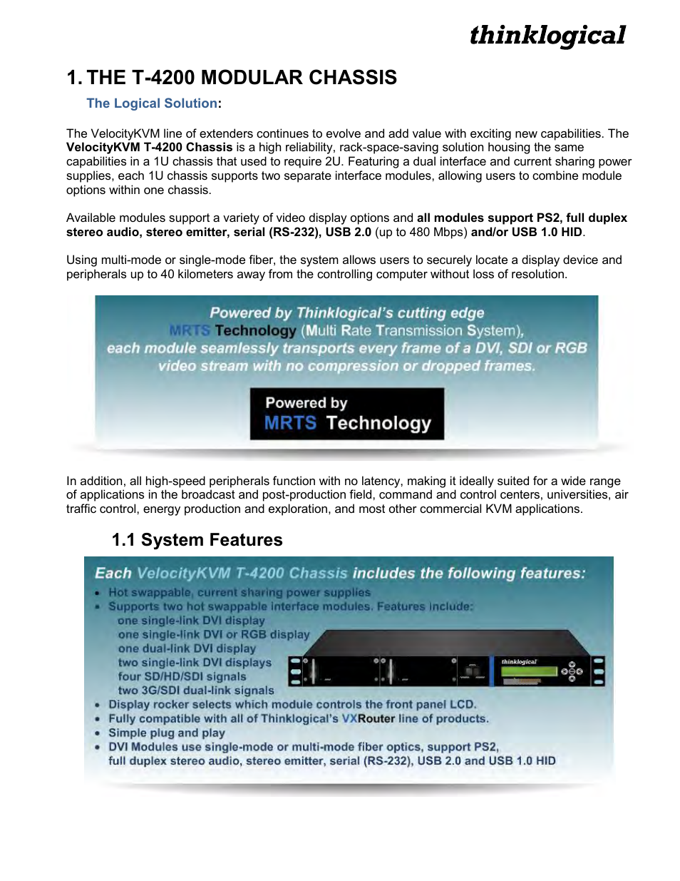 The t-4200 modular chassis, 1 system features | Thinklogical Velocitykvm T-4200 Chassis Manual User Manual | Page 5 / 23