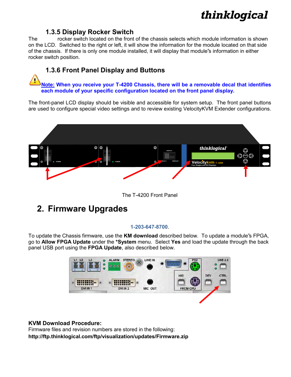 Firmware upgrades, 5 display rocker switch, 6 front panel display and buttons | Kvm download procedure | Thinklogical Velocitykvm T-4200 Chassis Manual User Manual | Page 8 / 23