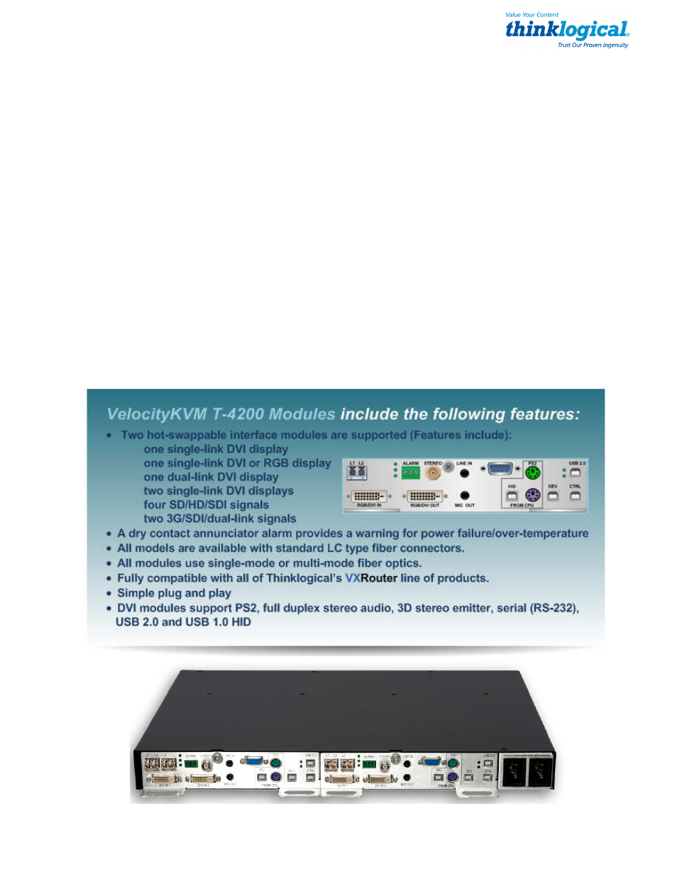 The t-4200 series dvi modules, 1 t-series module features | Thinklogical Velocitykvm T-4200 DVI Modules 4, 5, 8, 24 Manual User Manual | Page 5 / 27